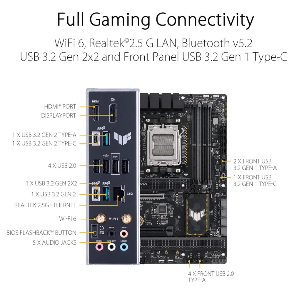 ASUS TUF GAMING B650-PLUS WIFI AMD B650 AM5 Ryzen™ Desktop 9000 8000 and 7000 ATX motherboard, 14 power stages, PCIe® 5.0 M.2 , DDR5 memory, WiFi 6 and 2.5 Gb Ethernet, USB4® support Aura Sync