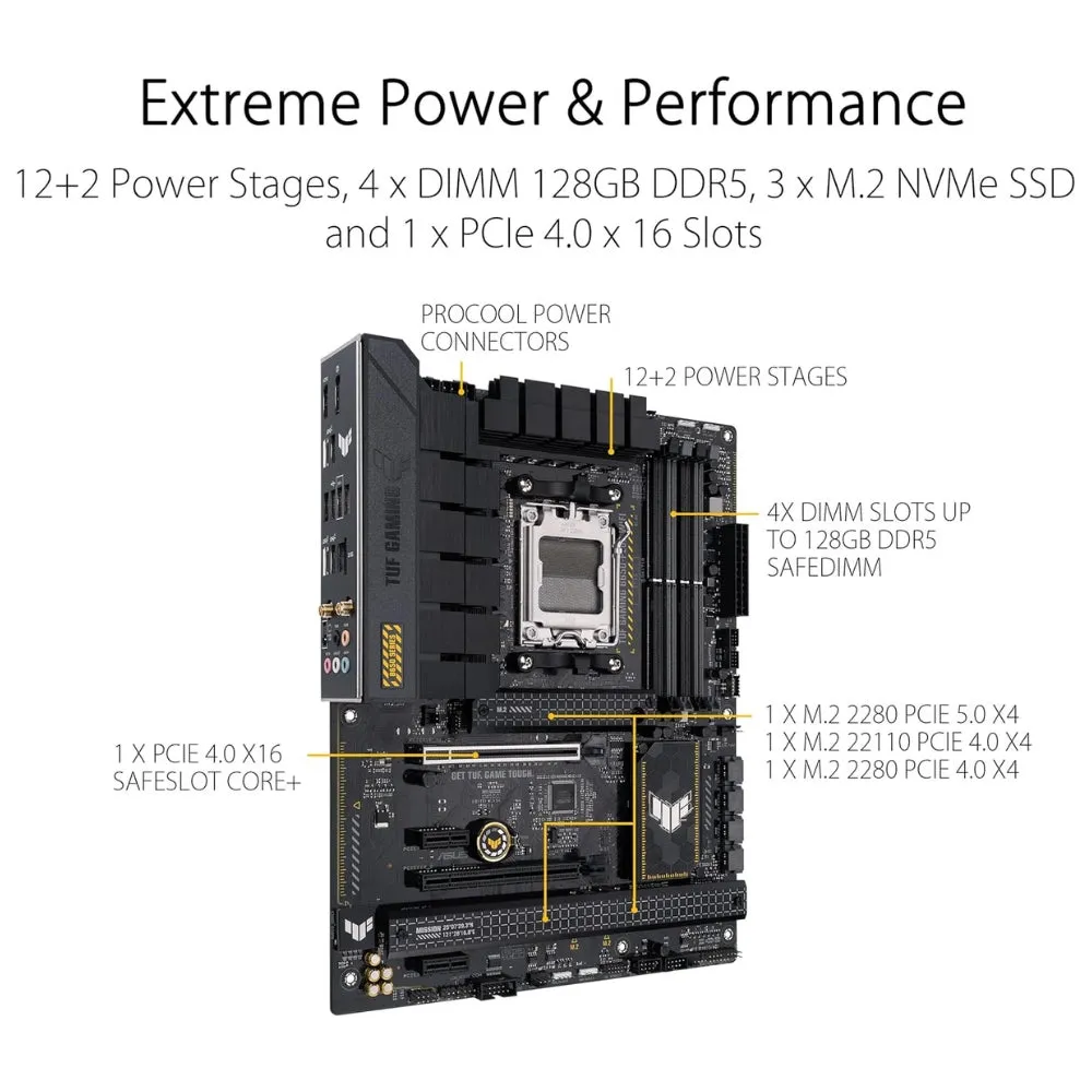 ASUS TUF GAMING B650-PLUS WIFI AMD B650 AM5 Ryzen™ Desktop 9000 8000 and 7000 ATX motherboard, 14 power stages, PCIe® 5.0 M.2 , DDR5 memory, WiFi 6 and 2.5 Gb Ethernet, USB4® support Aura Sync