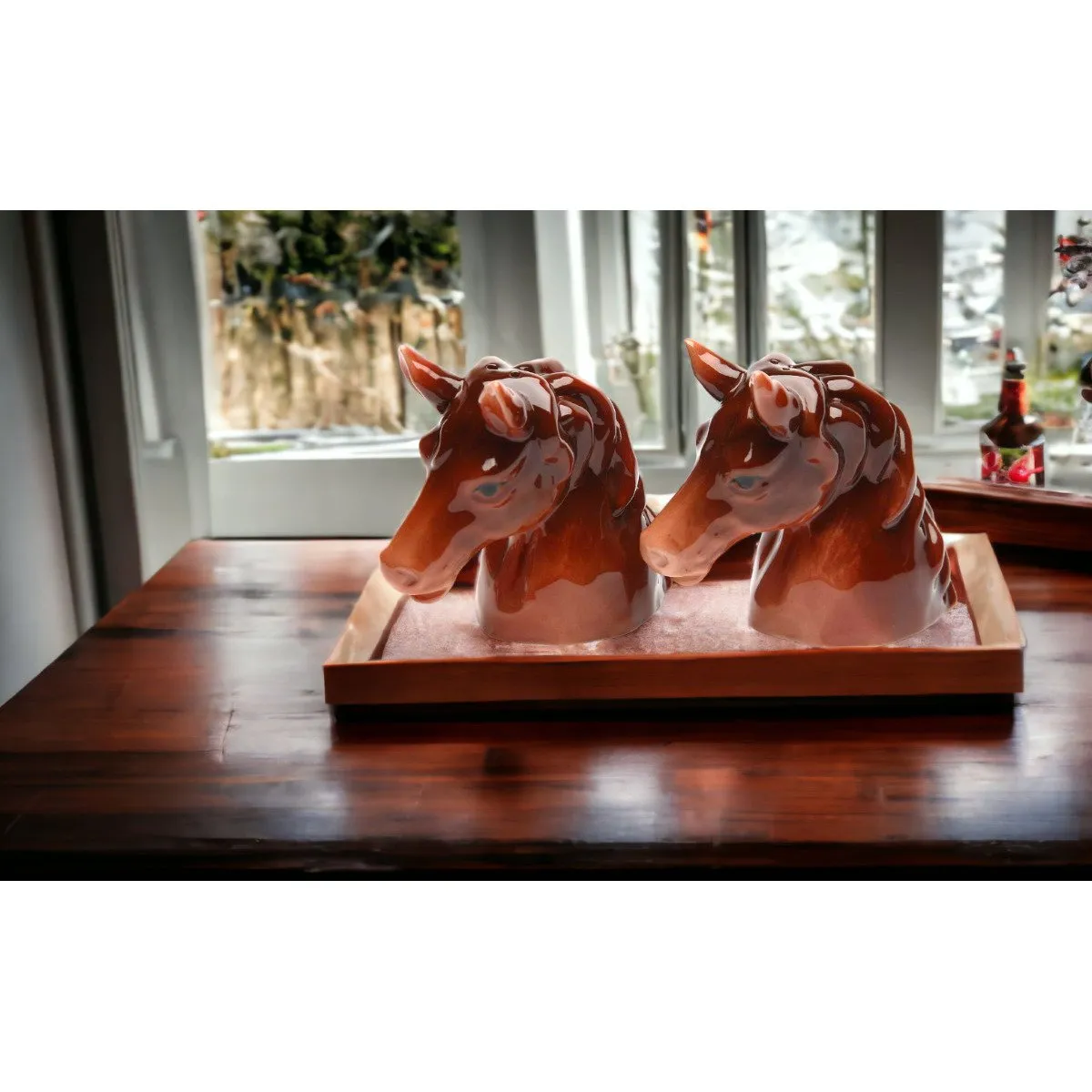 Ceramic Brown Horse Salt and Pepper Shakers 3 1/8 inch Equestrian