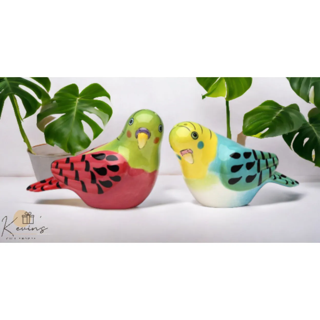 Ceramic Pink Blue Parakeet Salt and Pepper Shakers