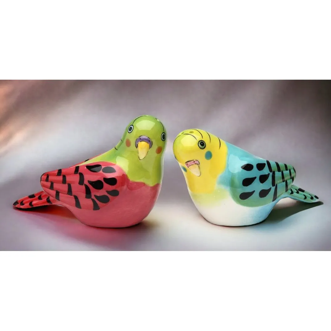 Ceramic Pink Blue Parakeet Salt and Pepper Shakers