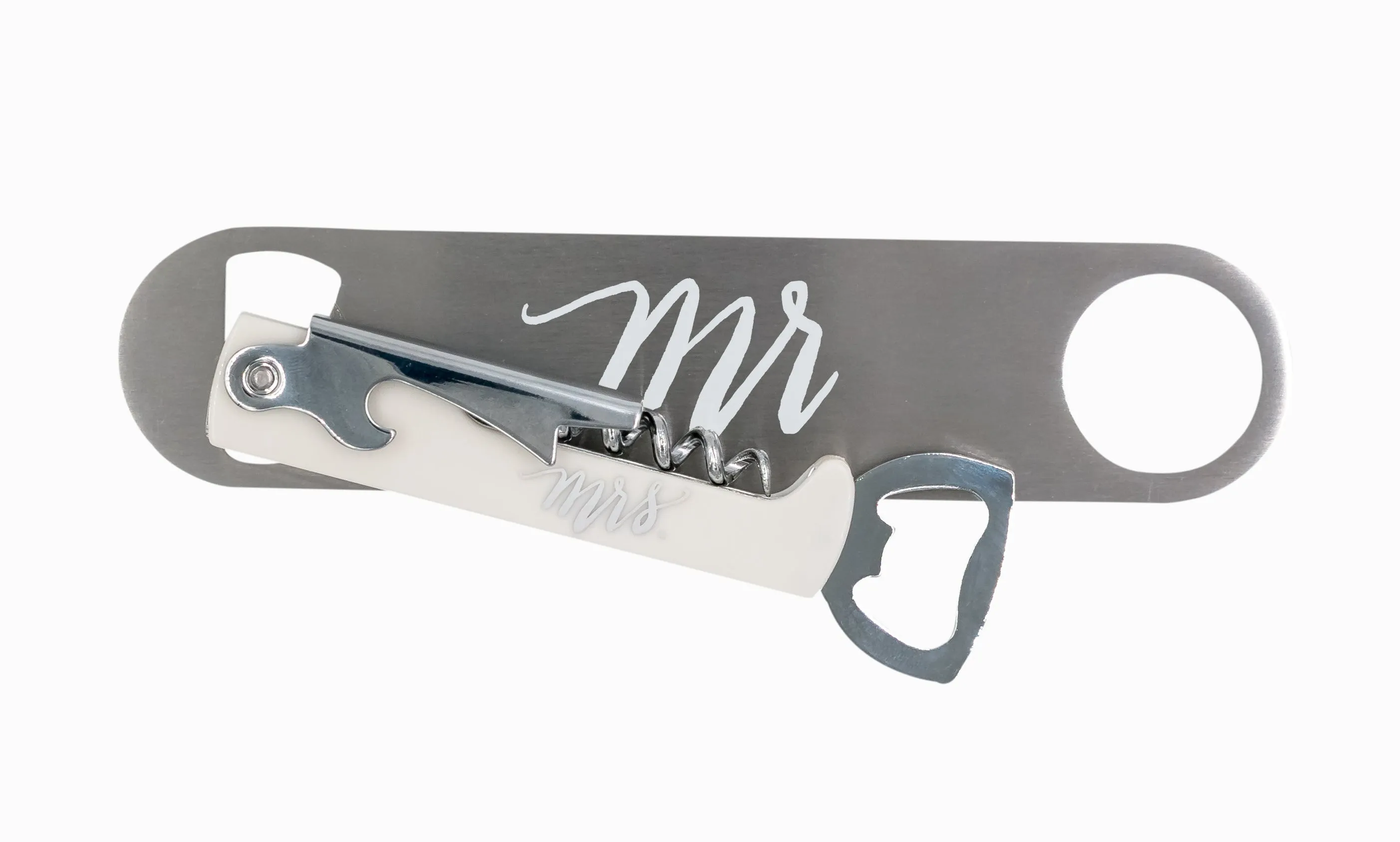 'Mrs.' & 'Mr.' Bride and Groom Wedding Gift Corkscrew & Bottle Opener Set