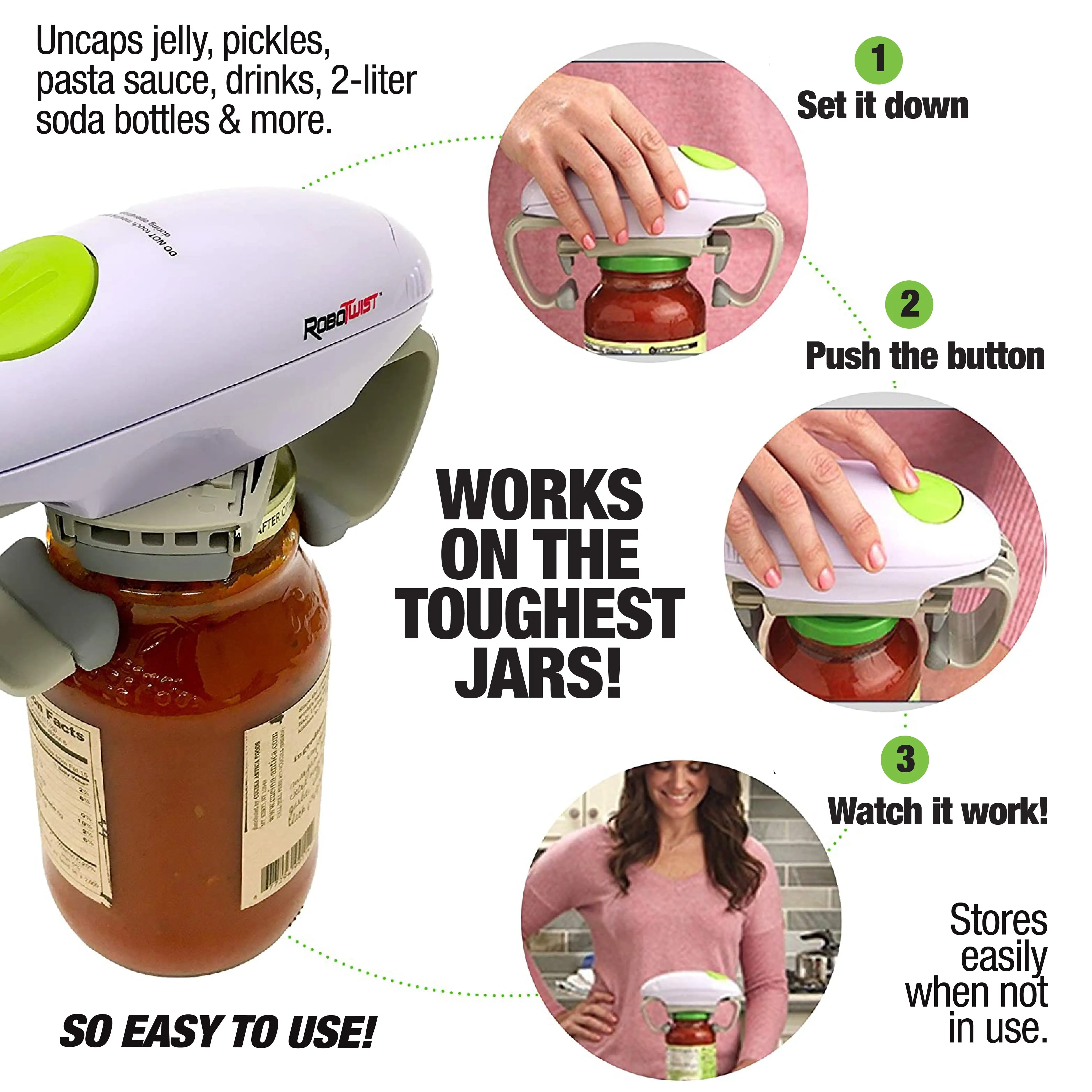 Robo Twist Electric Jar Opener One Touch Electric Auto Jar Opener Works for Jars of All Sizes As Seen on TV