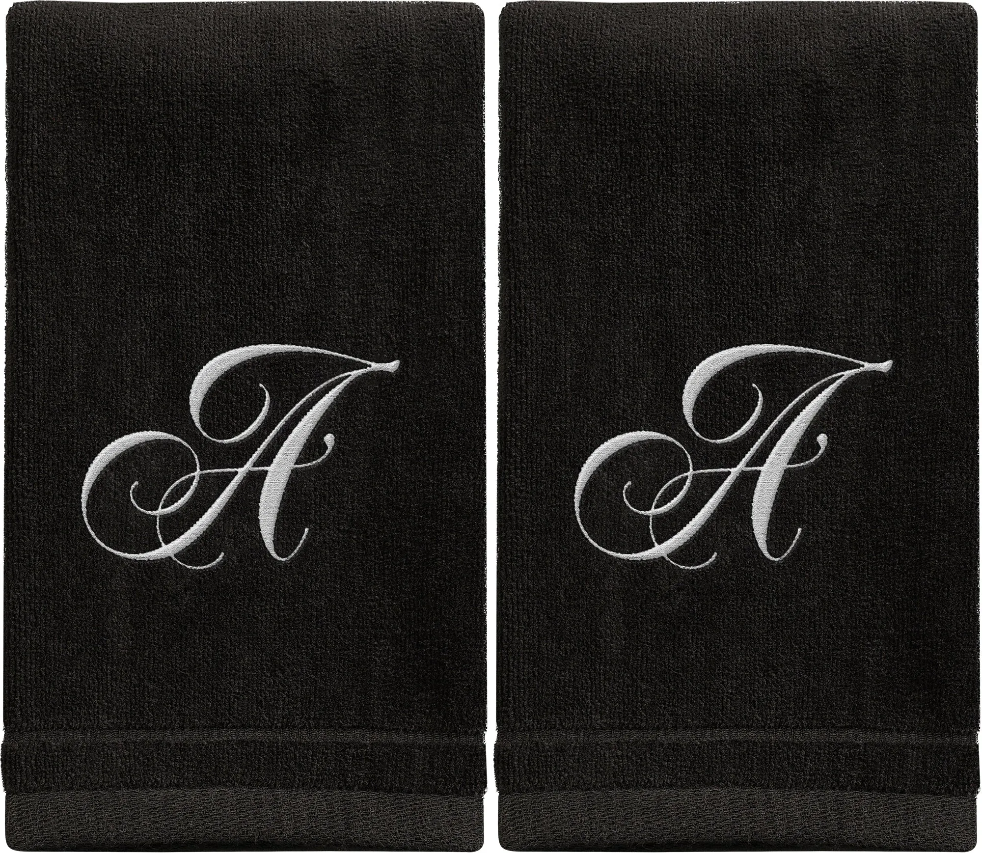 Set of 2 Black Monogrammed Towel - White Embroidered - Initial A (Wholesale)