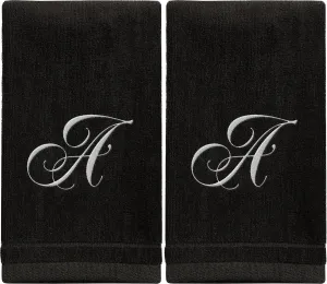 Set of 2 Black Monogrammed Towel - White Embroidered - Initial A (Wholesale)