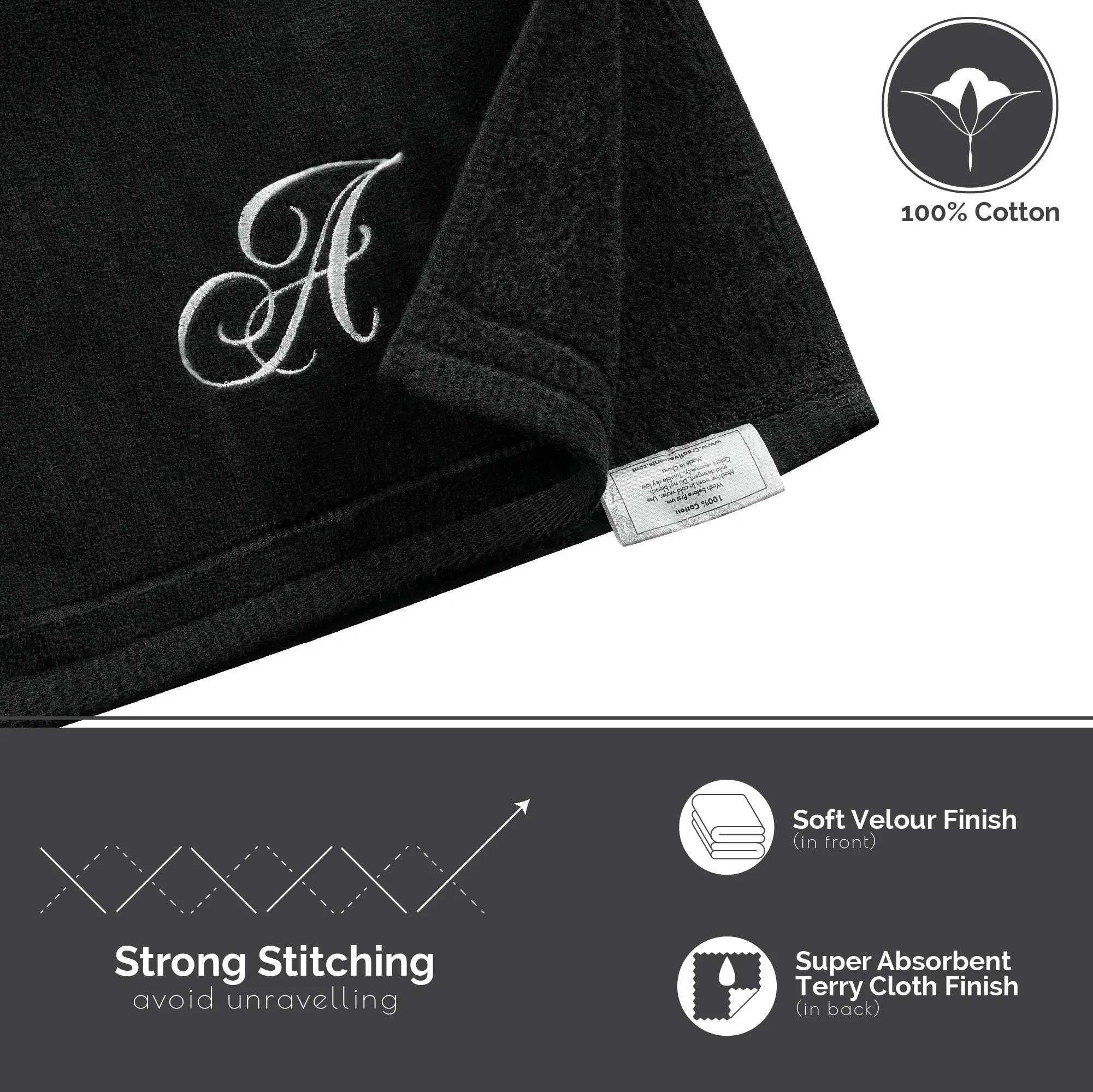 Set of 2 Black Monogrammed Towel - White Embroidered - Initial B