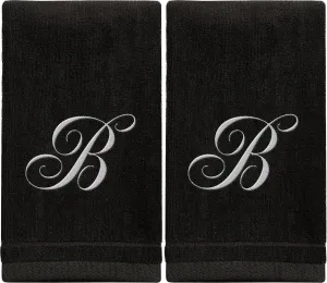Set of 2 Black Monogrammed Towel - White Embroidered - Initial B