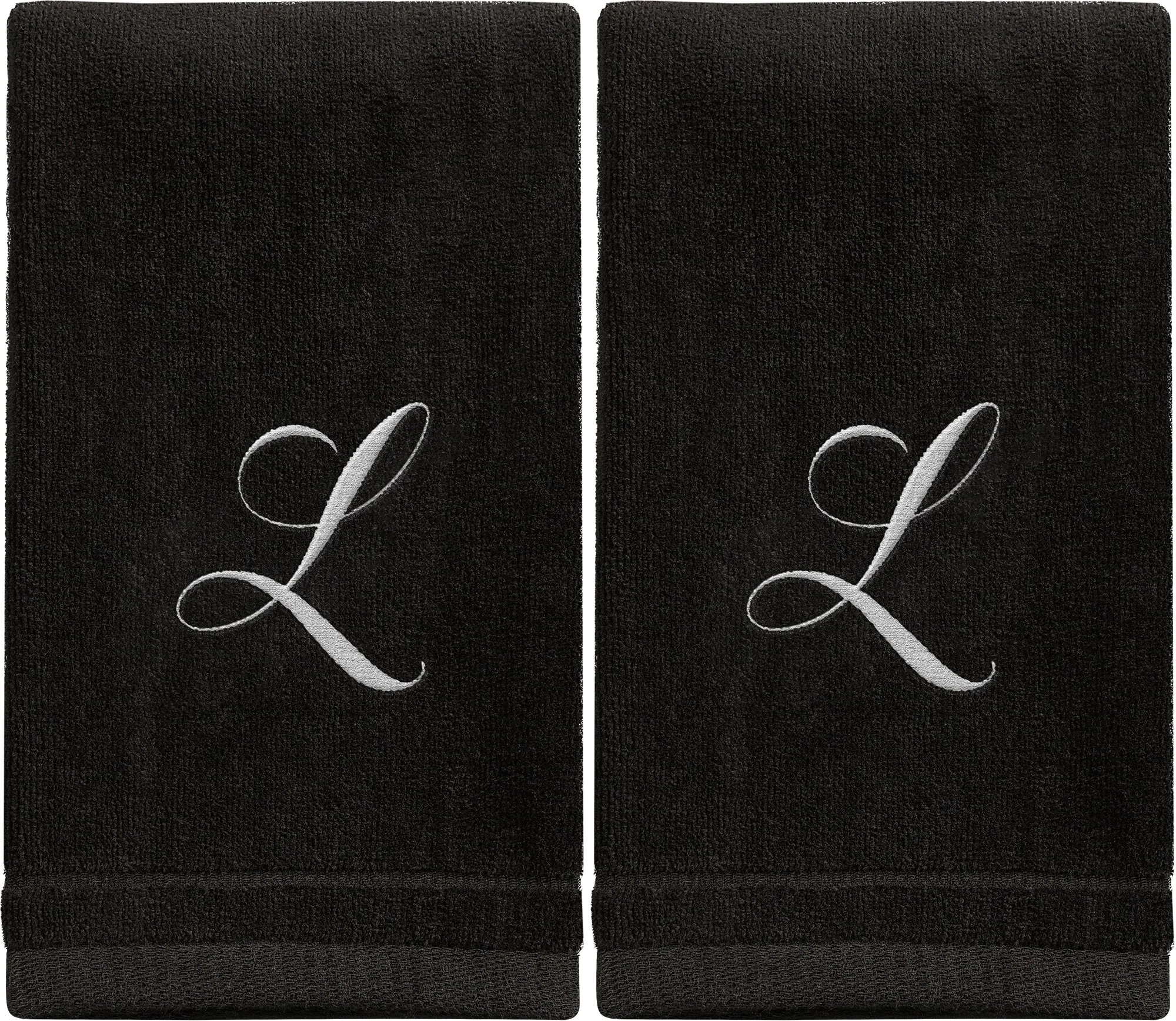 Set of 2 Black Monogrammed Towel - White Embroidered - Initial L (Wholesale)