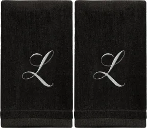 Set of 2 Black Monogrammed Towel - White Embroidered - Initial L (Wholesale)