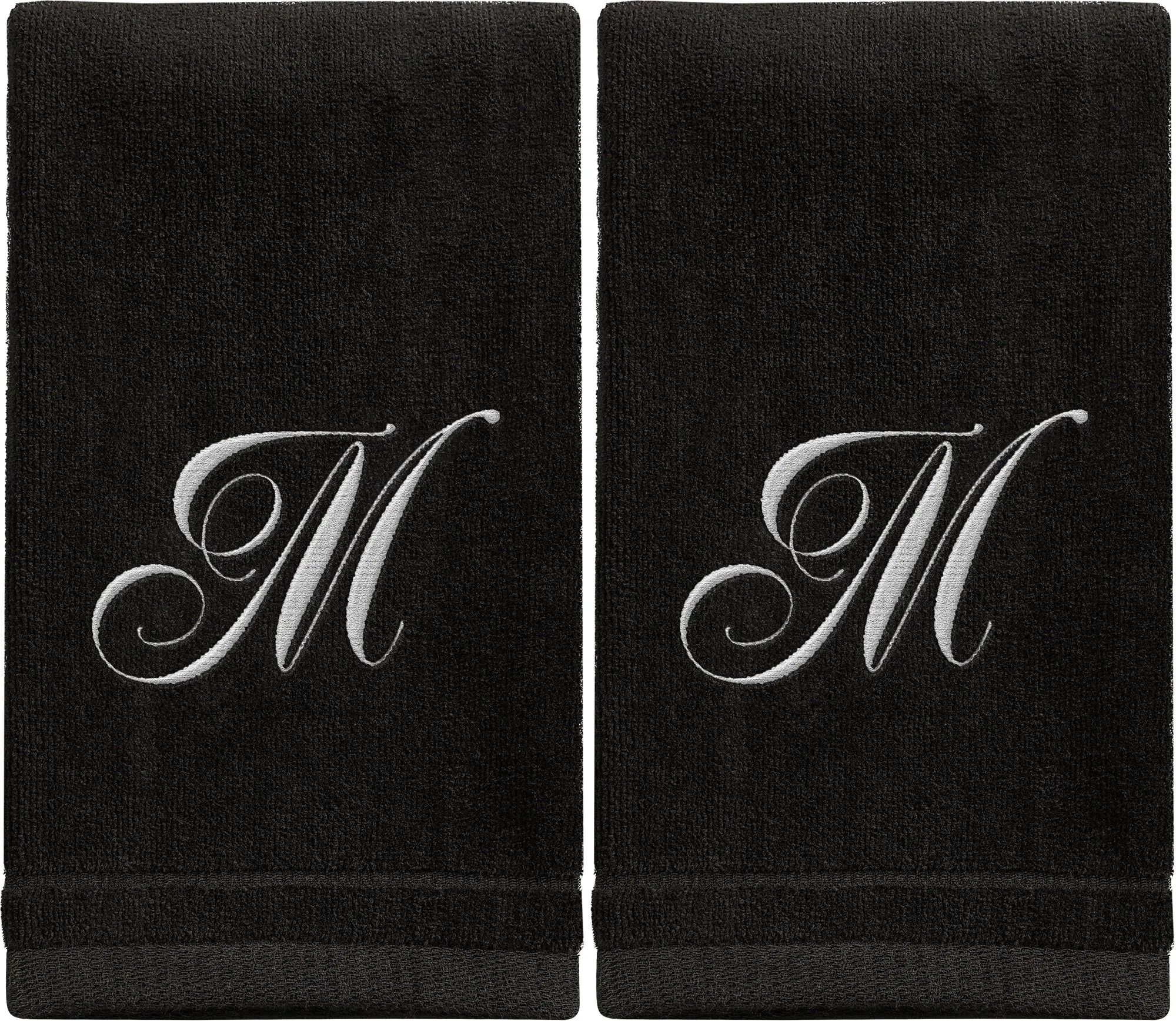 Set of 2 Black Monogrammed Towel - White Embroidered - Initial M (Wholesale)