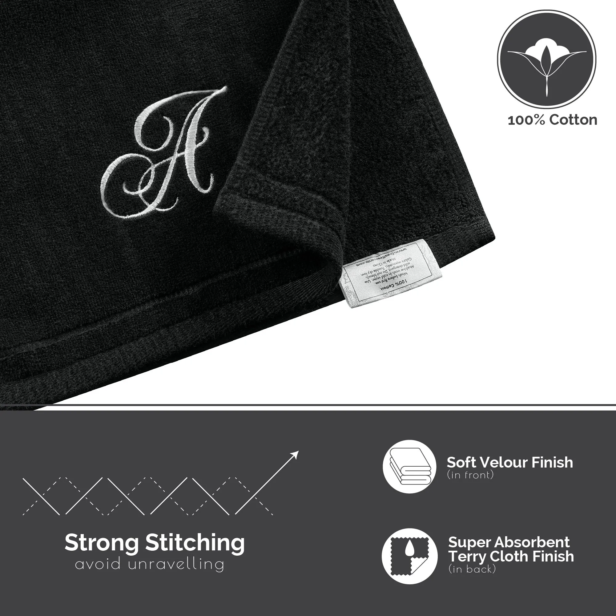 Set of 2 Black Monogrammed Towel - White Embroidered - Initial M (Wholesale)