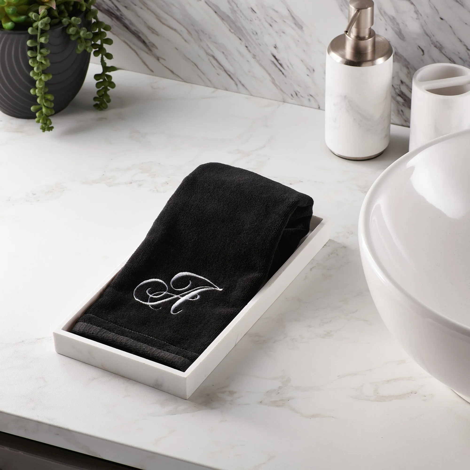 Set of 2 Black Monogrammed Towel - White Embroidered - Initial M (Wholesale)
