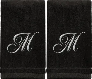 Set of 2 Black Monogrammed Towel - White Embroidered - Initial M (Wholesale)