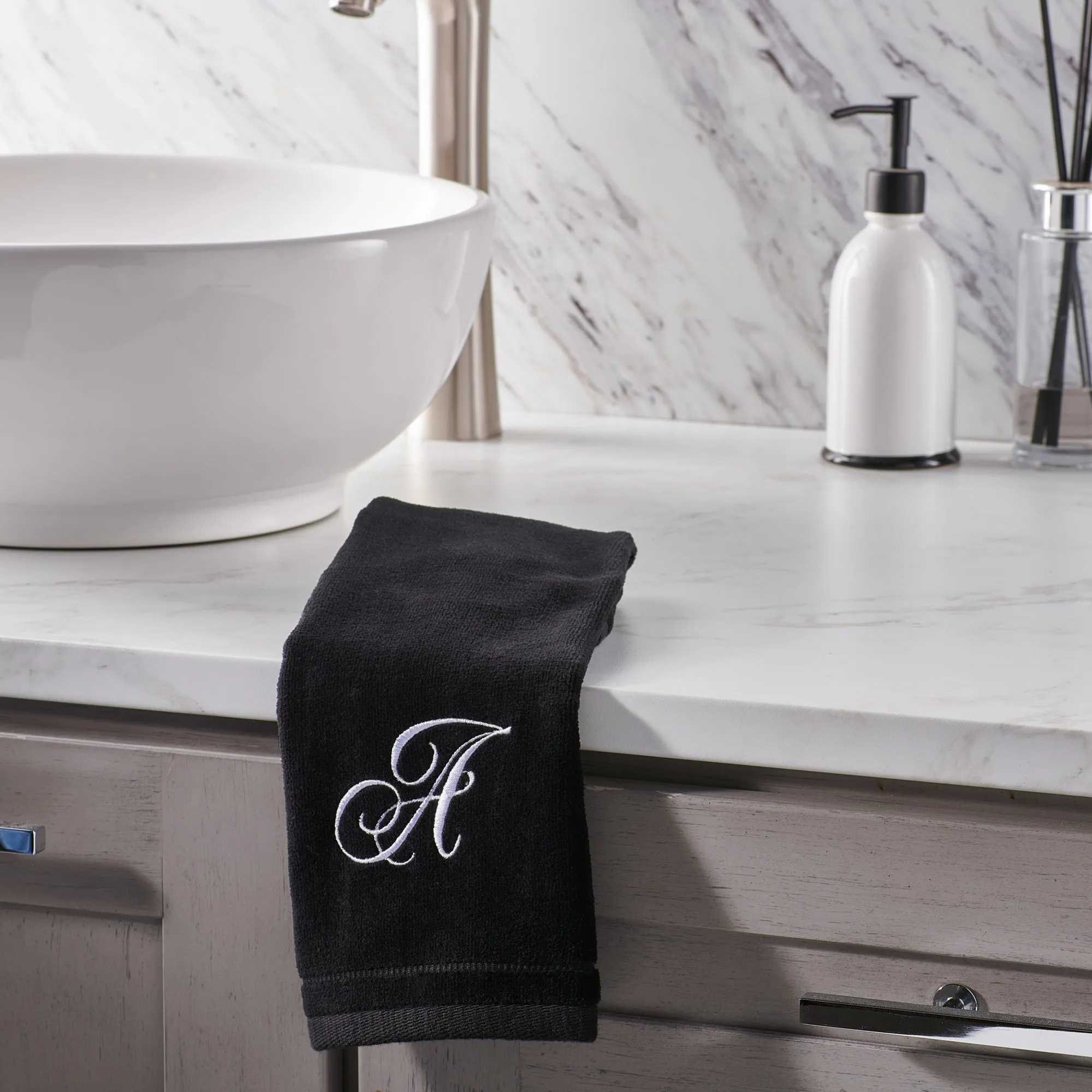 Set of 2 Black Monogrammed Towel - White Embroidered - Initial M (Wholesale)
