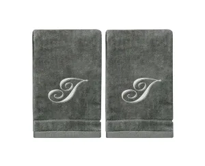 Set of 2 Silver Embroidered Monogrammed Towels - Initial I (Wholesale)