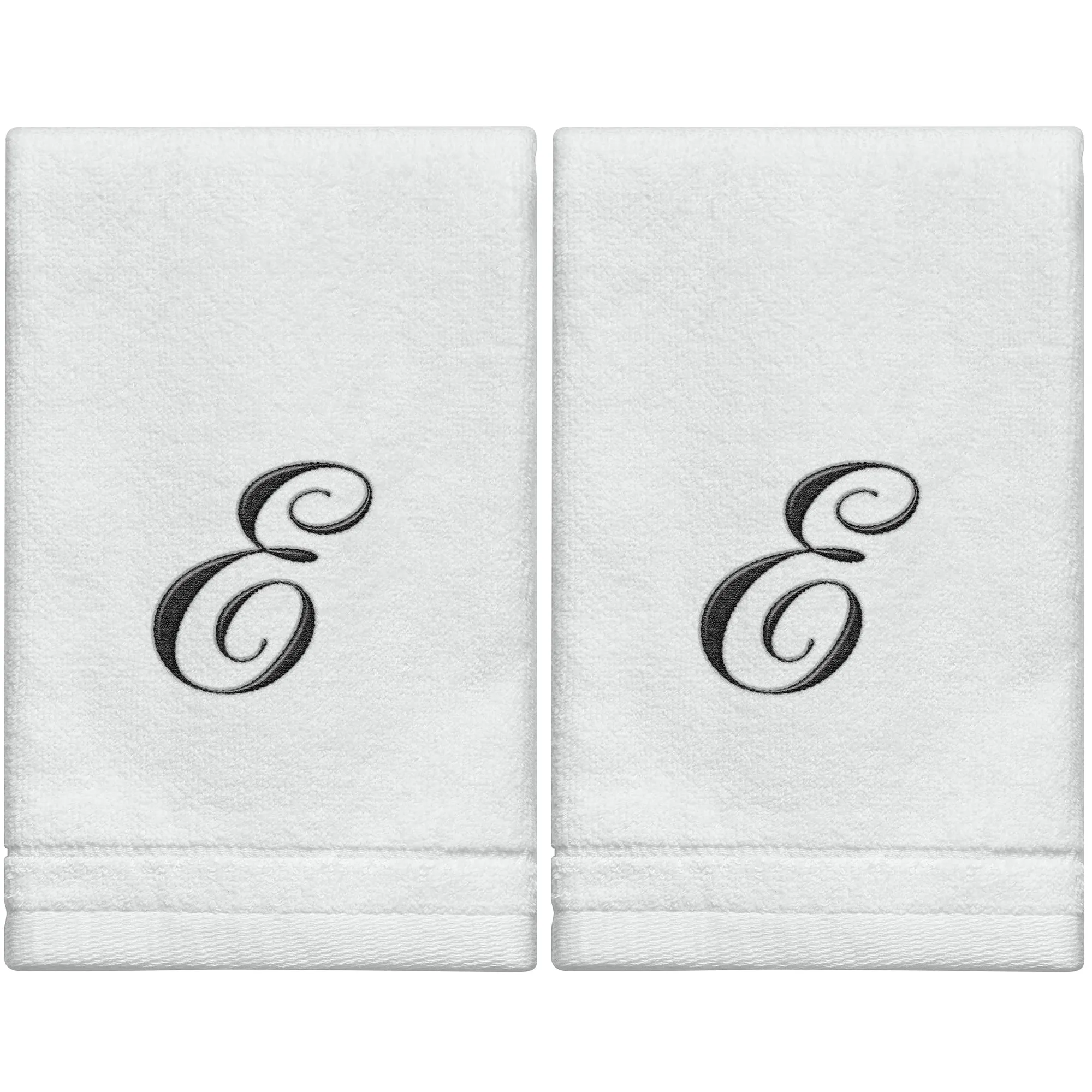 Set of 2 White Monogrammed Towel - Black Embroidered - Initial  E (Wholesale)