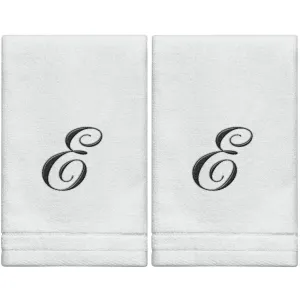 Set of 2 White Monogrammed Towel - Black Embroidered - Initial  E (Wholesale)