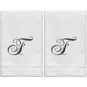 Set of 2 White Monogrammed Towel - Black Embroidered - Initial  F (Wholesale)