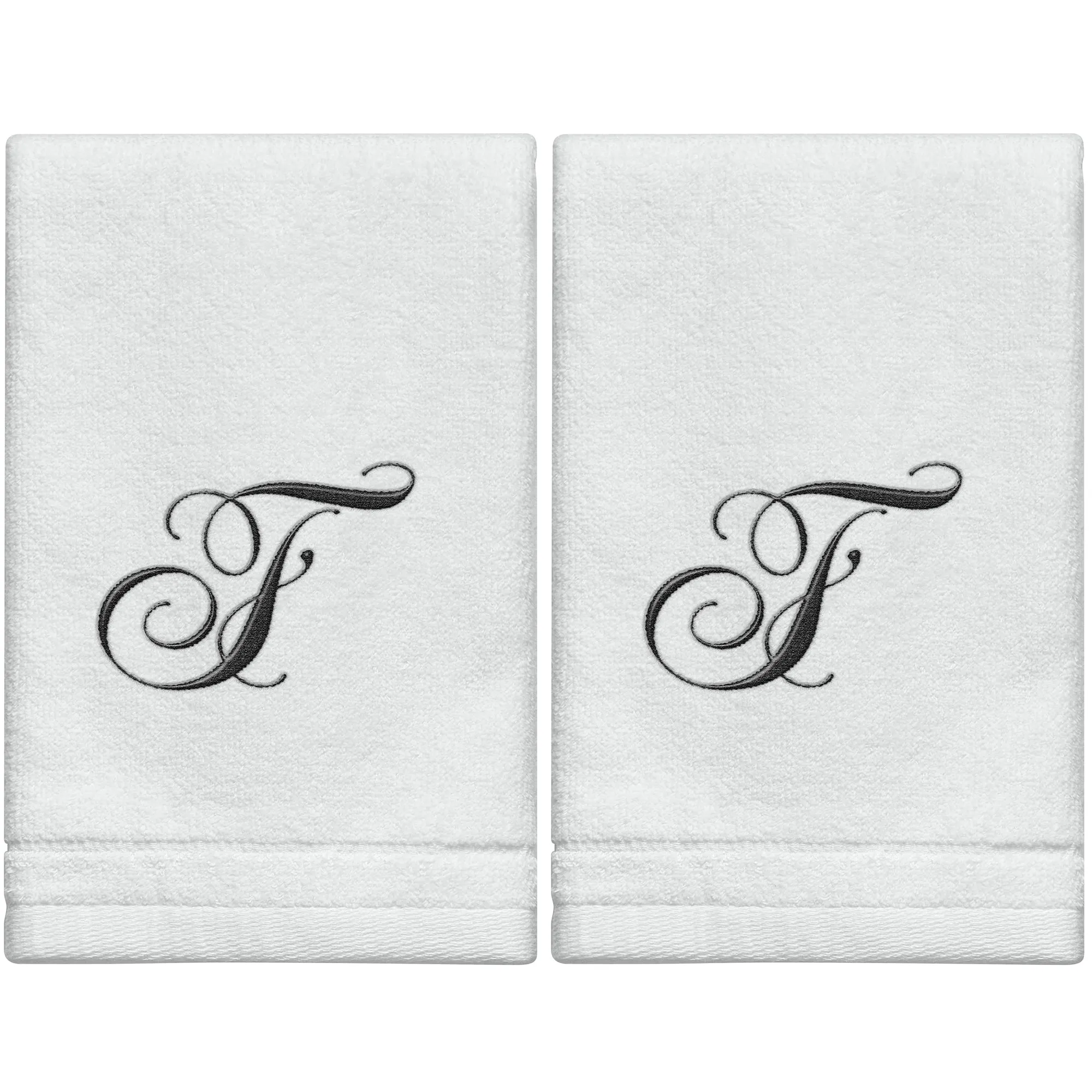 Set of 2 White Monogrammed Towel - Black Embroidered - Initial  F