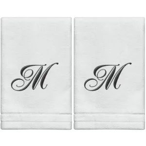 Set of 2 White Monogrammed Towel - Black Embroidered - Initial M