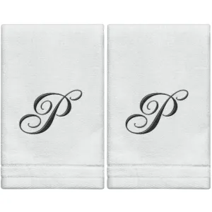 Set of 2 White Monogrammed Towel - Black Embroidered - Initial  P (Wholesale)