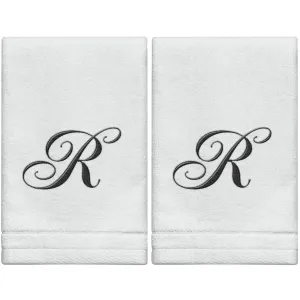 Set of 2 White Monogrammed Towel - Black Embroidered - Initial  R (Wholesale)