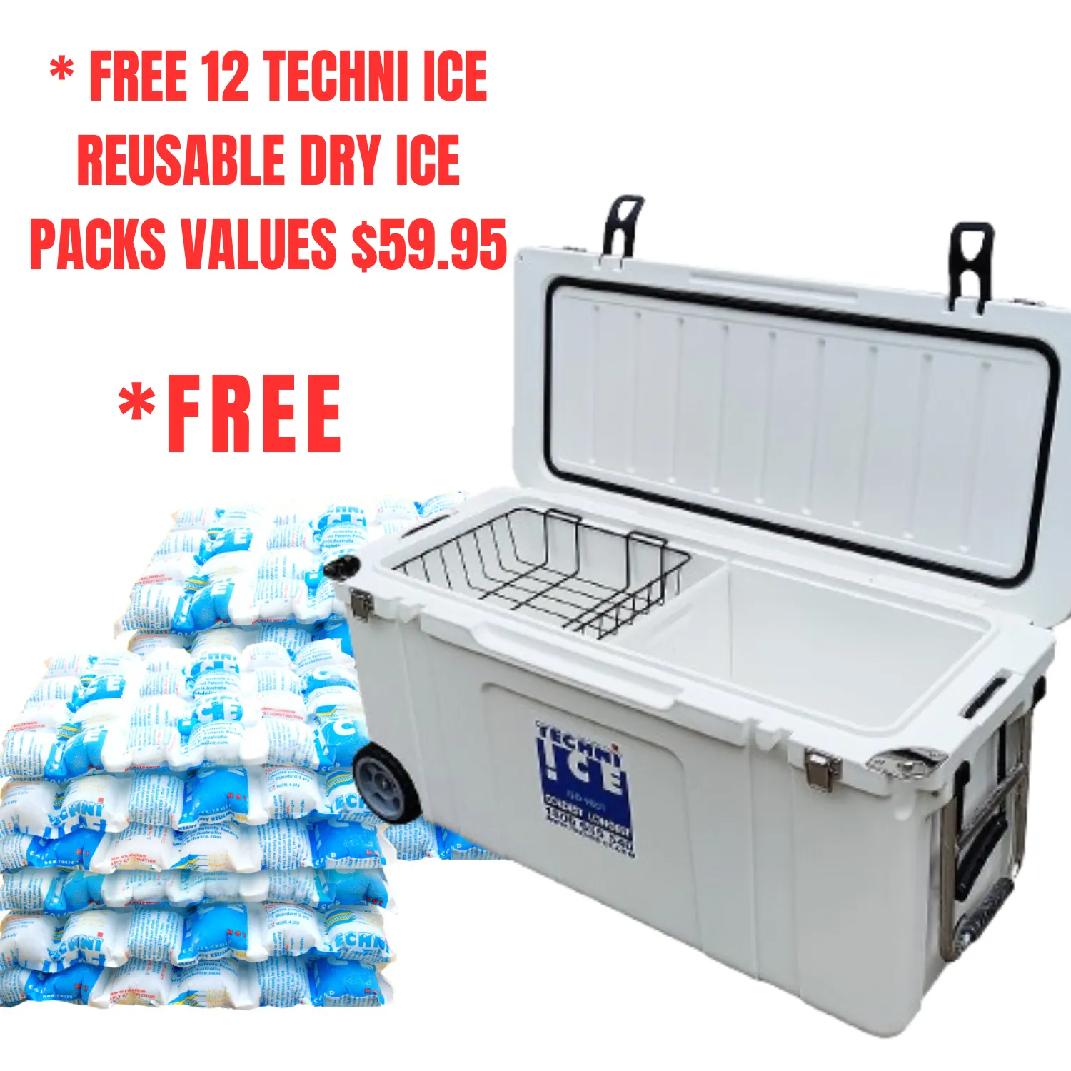 Techni Ice Signature Hardcore Icebox 75L White with Wheels *Preorder FOR MID-LATE NOVEMBER DISPATCH *FREE 12 REUSABLE DRY ICE PACKS VALUES $59.95