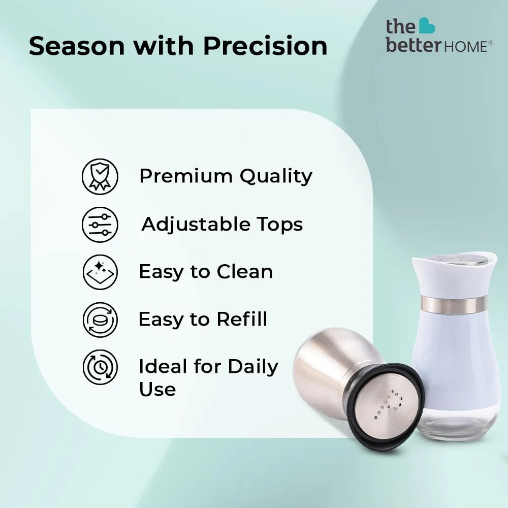 The Better Home Glass Salt and Pepper Shaker Set | Set of 2 | White and Silver | Glass | Salt and Pepper Dispenser Sprinkler Bottle (Pack of 5)