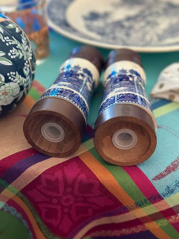 Vintage Blue Willow Salt and Pepper Shakers, Porcelain and Wood