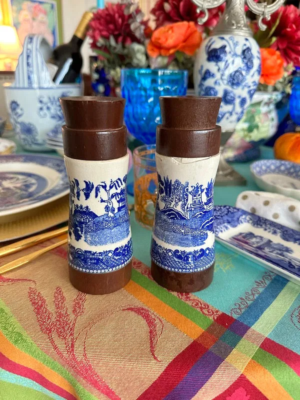 Vintage Blue Willow Salt and Pepper Shakers, Porcelain and Wood