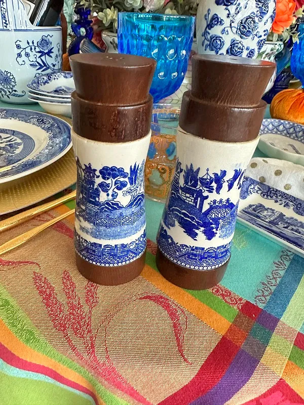 Vintage Blue Willow Salt and Pepper Shakers, Porcelain and Wood