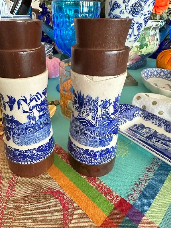Vintage Blue Willow Salt and Pepper Shakers, Porcelain and Wood