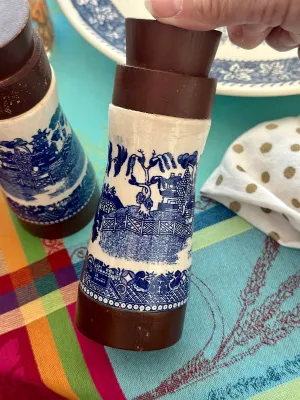 Vintage Blue Willow Salt and Pepper Shakers, Porcelain and Wood