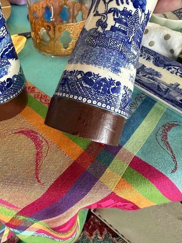 Vintage Blue Willow Salt and Pepper Shakers, Porcelain and Wood