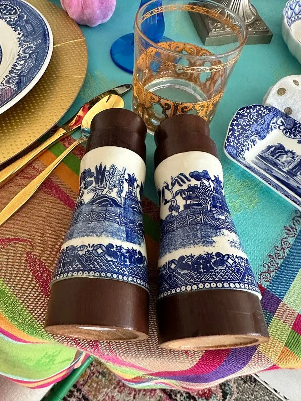 Vintage Blue Willow Salt and Pepper Shakers, Porcelain and Wood