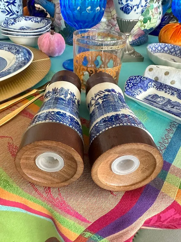 Vintage Blue Willow Salt and Pepper Shakers, Porcelain and Wood