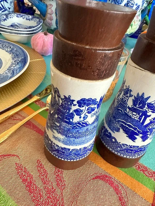 Vintage Blue Willow Salt and Pepper Shakers, Porcelain and Wood
