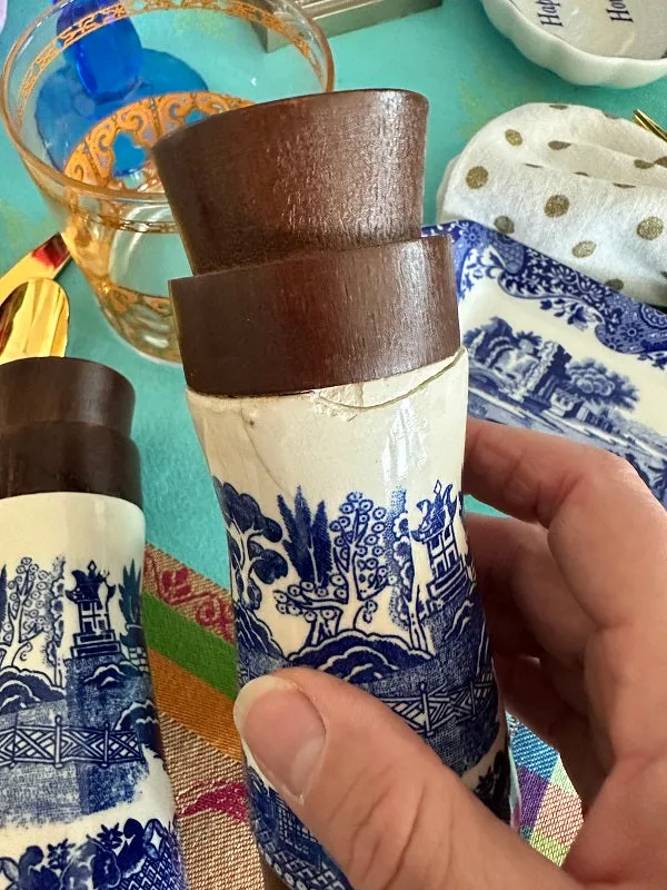Vintage Blue Willow Salt and Pepper Shakers, Porcelain and Wood